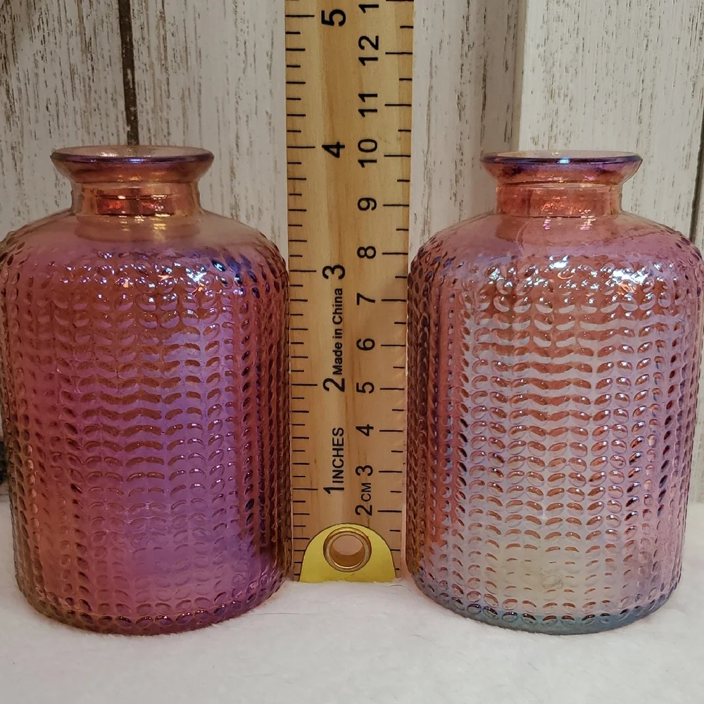 Elegant Pink Iridescent Textured Glass Bottles Bud Vases Set of 2